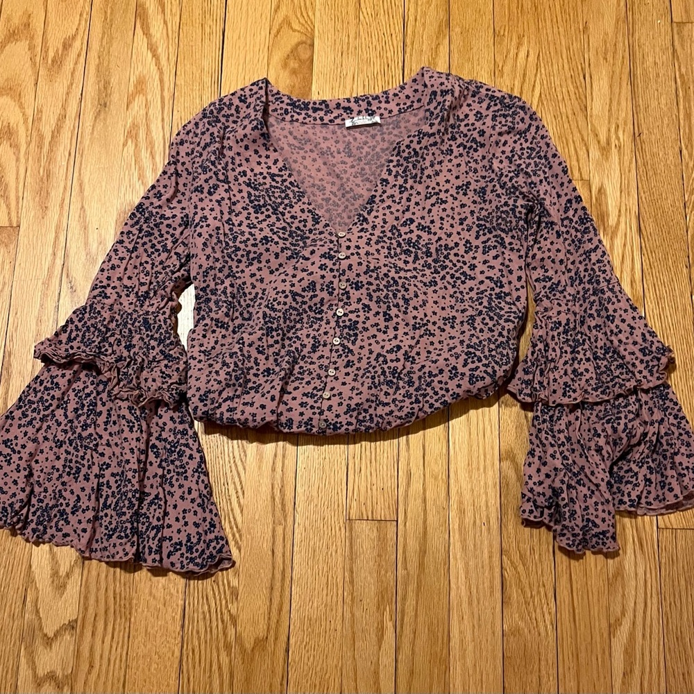 Free People Boho Pink Navy Floral Bodysuit with Bell Sleeves